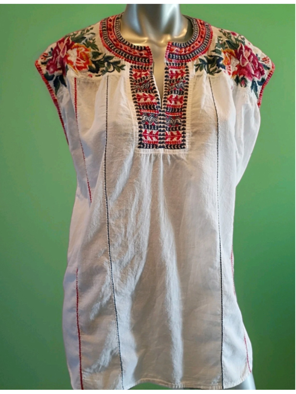 JOHNNY WAS WORKSHOP-Sz L-Colorful Embroidery White Gauze Boho Beauty Classic